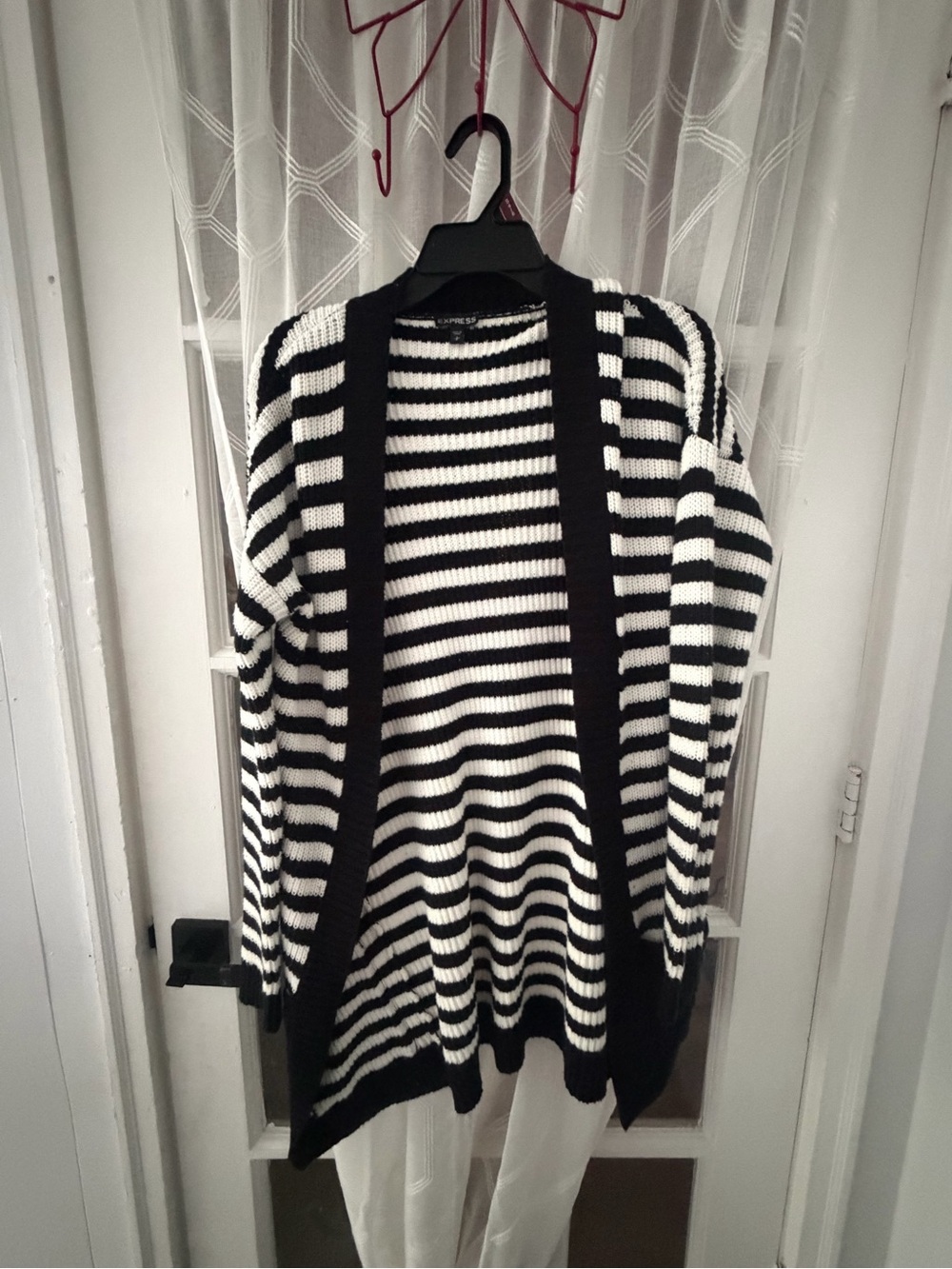 Express Black and White Striped Open Cardigan